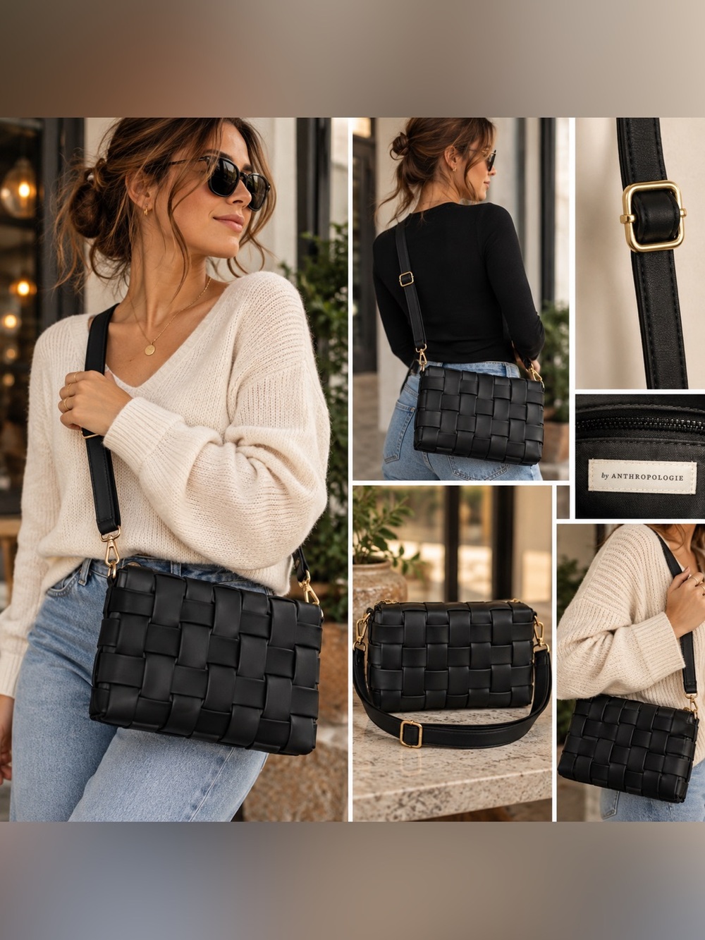 Anthropologie Black Woven Faux Leather Crossbody Bag Gold Hardware